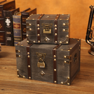 复古木质隐私桌面收纳盒带，锁储物盒钥匙密码盒子，小箱子木盒百宝箱
