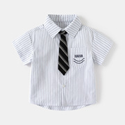 男童短袖衬衫夏季2024童装韩版小童洋气条纹，领带儿童翻领衬衣薄款