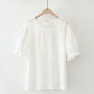 2023夏季韩版女士上衣，胖mm圆领棉布绣花喇叭，短袖白色娃娃衫