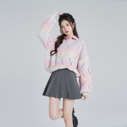 慵懒风镂空套头针织衫，女秋季2023宽松蝙蝠袖，毛衣粉色上衣罩衫