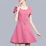 大码女装针织紫红色短袖圆领连衣裙夏季女高腰收腰休闲百搭衬衫裙