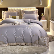 120支全棉公主风床上四件套刺绣，韩版花边被套粉色，纯棉结婚床单2m