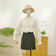 春秋小众设计感V领长袖衬衫法式复古气质纯棉白衬衣女
