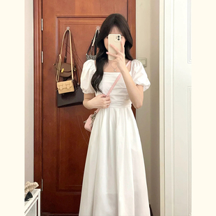 法式温柔方领白色连衣裙，女夏季小个子泡泡袖显瘦气质高腰长裙