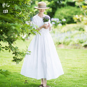 忆旧苎麻白色连衣裙2023年夏季长裙收腰显瘦圆领小礼服裙子女