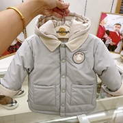 韩国23年冬款男女宝宝童装浅蓝色可拆帽内里绒保暖细腻棉服外套