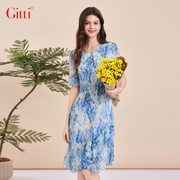 Gitti/吉蒂荷叶袖花边拼接雪纺连衣裙女圆领收腰显瘦裙子G241234