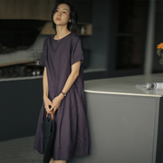 无谓韩式文艺亚麻连衣裙，女2024夏季女装，休闲宽松收褶中长裙子