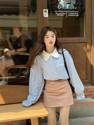 甜美韩系条纹衬衫女装秋季2023花瓣领设计感宽松喇叭长袖上衣