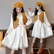 女童秋季长袖蕾丝边韩版洋气白色连衣裙女大童时尚淑女套装裙