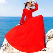旅拍复古v领大红色雪纺，沙滩裙长袖，大摆海边度假连衣裙飘逸长裙子