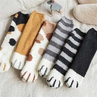 毛绒袜子女珊瑚绒秋冬加厚保暖长筒袜地板袜，猫爪可爱居家睡眠女袜