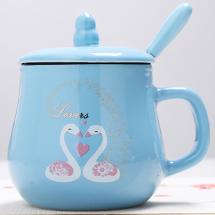 陶瓷杯子马克杯带盖勺创意，情侣早餐杯牛奶杯，家用定制咖啡杯女水杯