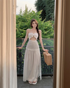 夏季上新设计感法式气质修身显瘦抹胸开叉白色连衣裙长裙女5156