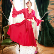 法式优雅2024年春季高端女神范气质(范气质)雪纺长裙收腰玫红色连衣裙