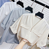 轻熟女V领短袖雪纺衫夏季珍珠扣宽松垂感套头衬衣设计感白色上衣