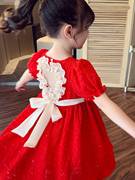 女童连衣裙红色夏装2023儿童，泡泡袖公主裙镂空爱心，美背雪纺裙