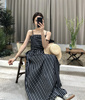 2024夏季韩版黑色条纹抹胸吊带连衣裙女茶歇气质设计感A字长裙