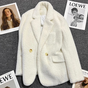 水貂绒白色西装外套女冬季双排扣设计感时尚小西服