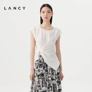 LANCY/朗姿夏季法式扭结无袖衬衫女雪纺开叉坎肩背心高级短袖上衣