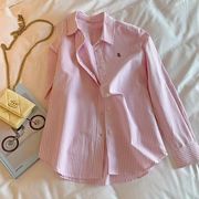 条纹翻领长袖粉色衬衫女早春设计感小众，休闲上衣韩系甜美宽松衬衣