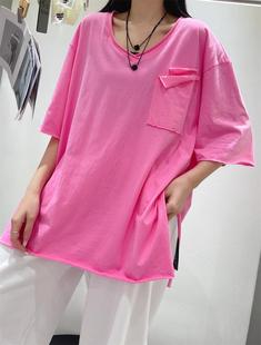 夏季韩版v领中长款侧开叉短袖，简约t恤衫女宽松打底衫彩色上衣