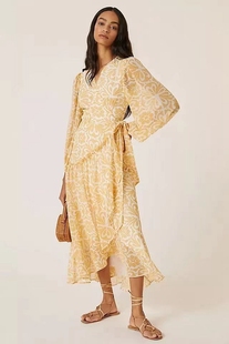 美国复古anthropologie 黄色雪纺印花一片式绑带系带长袖连衣裙