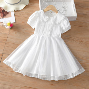 儿童短袖白裙子(白裙子)2023女童连衣裙夏装蕾丝，中大童公主超仙纱裙夏