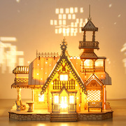 小屋模型3d立体拼图木制玩具益智拼装diy创意usb亮灯复古别墅礼物