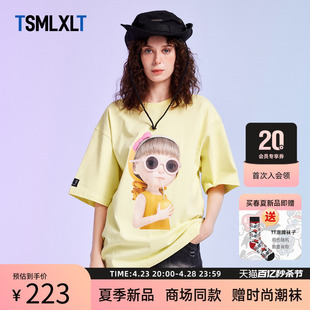 TSMLXLT TT潮牌黄色圆领短袖女休闲时尚印花上衣美式复古重磅T恤