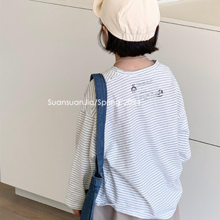 韩系儿童条纹长袖T恤春季男女童休闲宽松印花百搭上衣打底衫