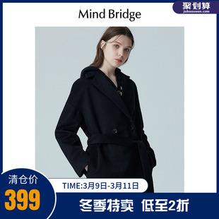 mindbridge女士中长款羊毛大衣，冬季黑色双面呢子外套