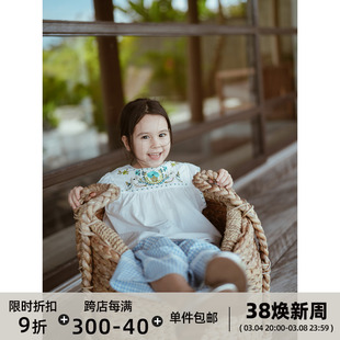 史豌豆甜美韩系上衣女童2024夏装儿童精致刺绣短袖白色衬衫潮