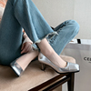 大码女鞋41—43设计感小众白色高跟鞋女气质方头银色细跟软皮单鞋