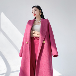 aksaya高级感时尚气质，双面呢外套玫，红色羊绒大衣女2023年秋冬