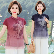 新中式中老年女装夏装雪纺衫盘扣立领中年妈妈装夏季洋气小衫