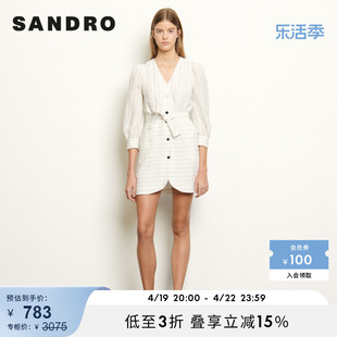 SANDRO Outlet女装春季V领条纹腰带时尚通勤白色连衣裙SFPRO01135