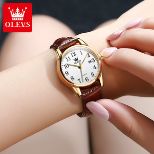 瑞士品牌女士手表，防水真皮简约数字中老年人女表送妈妈