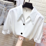 夏季醋酸缎面短袖衬衫女气质职业OL雪纺衫宽松垂感真丝白衬衣上衣