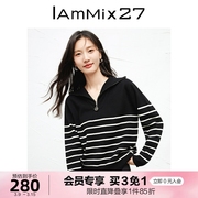 IAmMIX27秋冬条纹套头毛衣女宽松休闲柔软绵羊毛海军领针织毛衫女