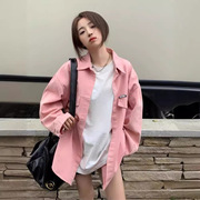 粉色韩版宽松棉衬衫，中长款女上衣秋季设计感休闲长袖衬衣外套