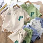 儿童短袖t恤2件套装2024夏季男孩翻领polo上衣，中大童运动休闲短裤