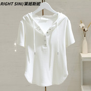 白色连帽t恤女短袖2024夏季韩版修身显瘦百搭半袖体恤上衣潮