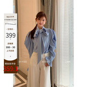 ZONEE 梦想的春装 法式设计感小众蓝条纹衬衫别致蝴蝶结系带上衣
