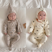 婴儿秋装韩版宝宝爬服套装柠檬印花打底哈衣长裤帽子新生儿三件套