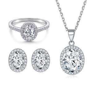 锆石钻石s925银戒指女款圆形项链纯银耳钉珠宝饰品首饰套装三件套