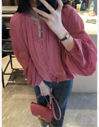日系粉色衬衫春装女2024年高级感独特别致衬衣，小个子圆领上衣