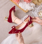 结婚鞋女红色孕妇新娘，鞋中式秀禾婚纱两穿礼服，高跟鞋水钻蝴蝶结鞋