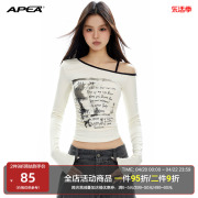 APEA美式复古印花长袖T恤女小众斜肩上衣褶皱收腰显瘦紧身打底衫