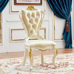 欧式餐椅实木雕刻餐桌椅高端舒适美式布艺咖啡椅，皮革休闲扶手椅子